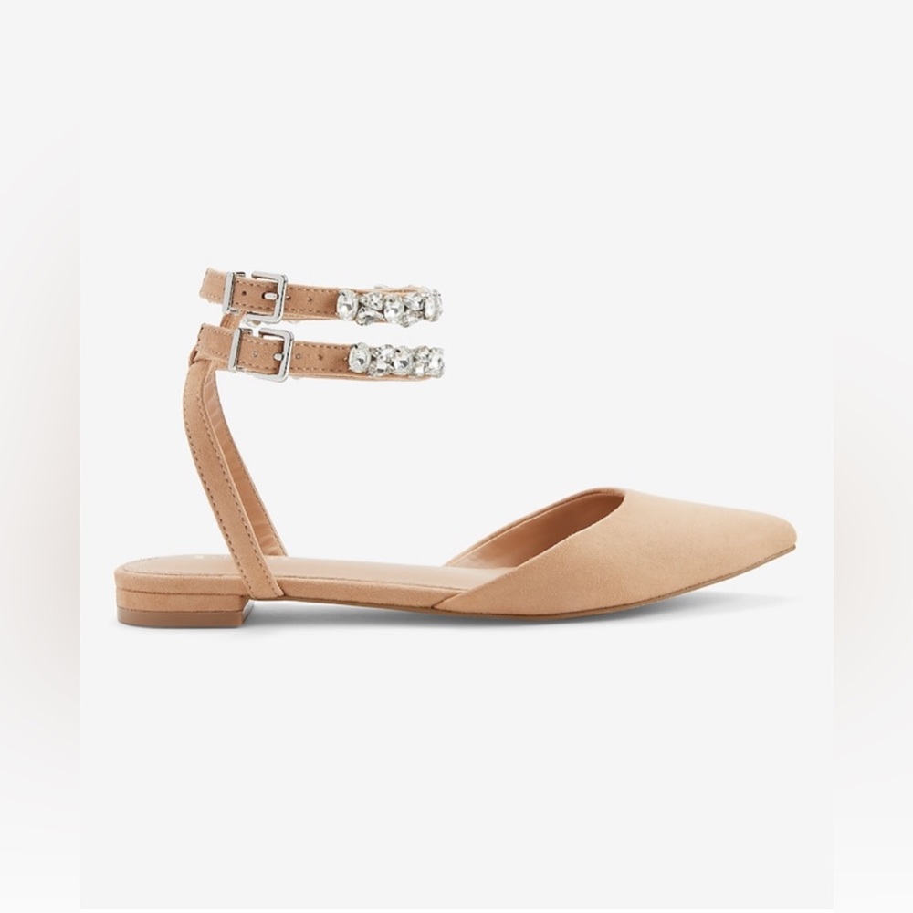 Rhinestone Embellished Nude Suede Flats w/ Ankle Strap